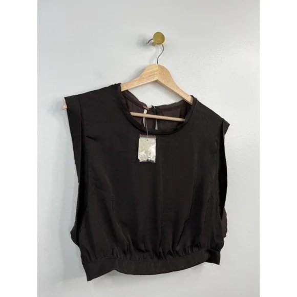 Free People Remi Draped Cap Sleeve Crop Top Elastic Hem Chocolate Sz: Large NWT - Picture 3 of 11
